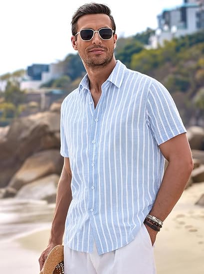 Men’s Striped Linen Blend Button Down Shirt